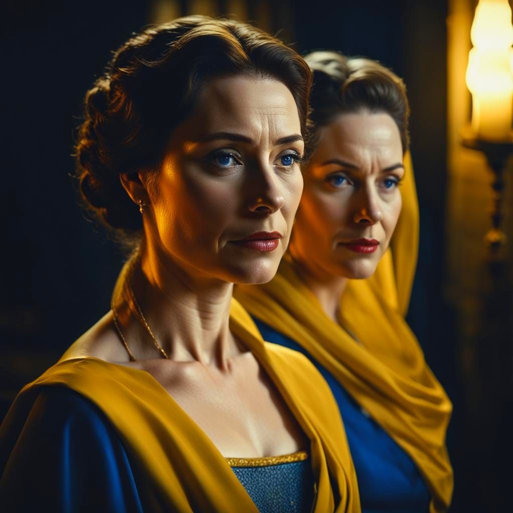 Medieval Ladies in Twilight Film Noir Scene