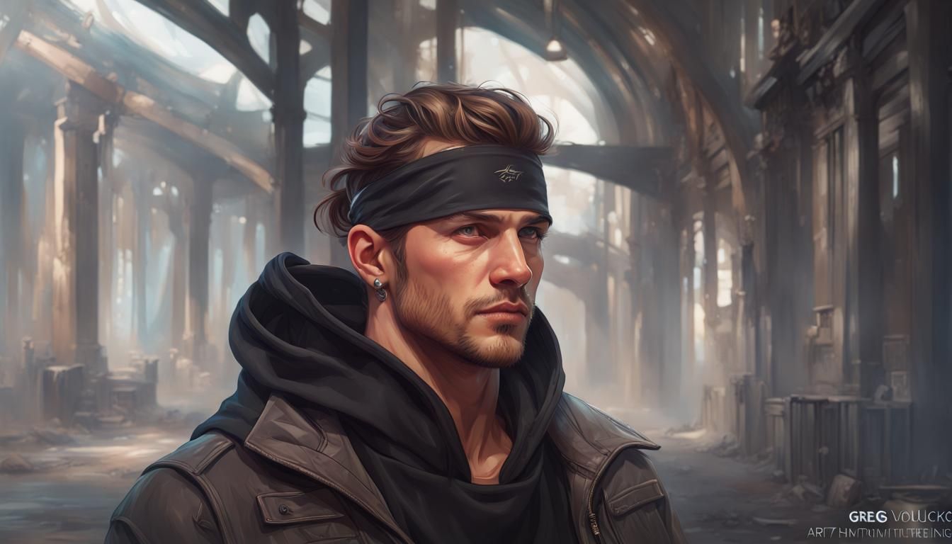 male, brown slicked back hair, black bandana headband, black...
