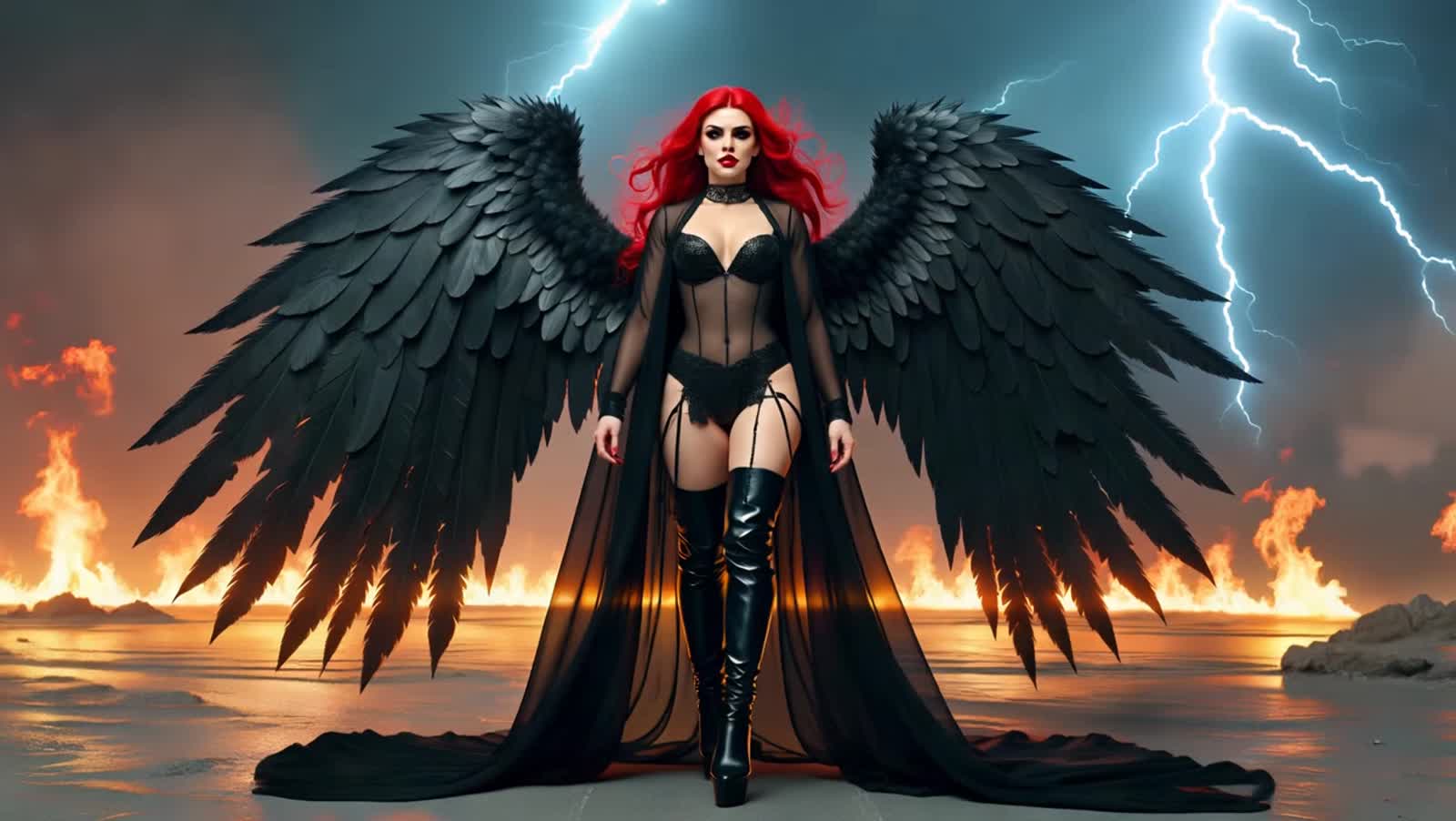 a beautiful female goddess,long flowing red hair blowing in the wind,outstretched black feathered wings,black eyeshadow ...