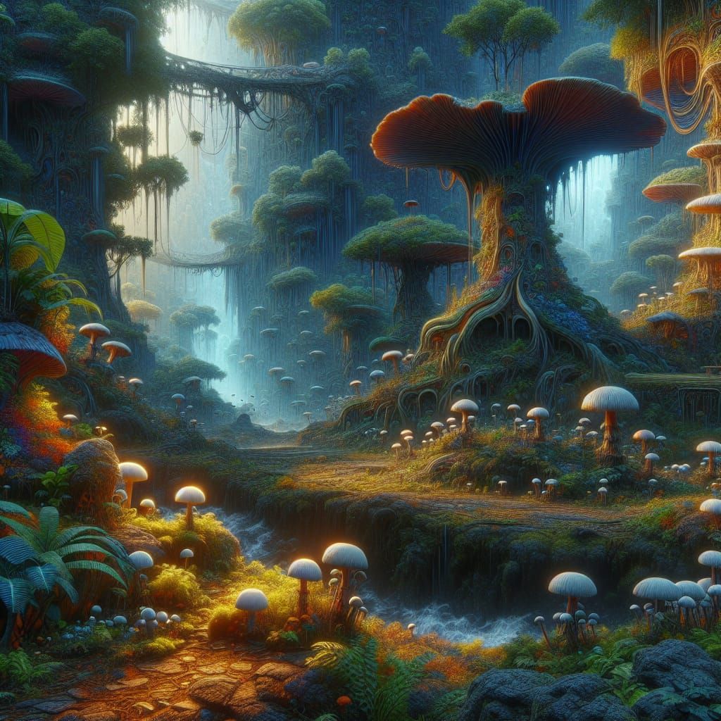 Exotic Jungle with Fantastical Mushrooms in Matte Painting S...