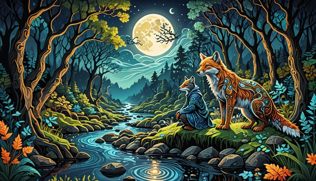 druid healer beside the creek under the moonlight, forest an...