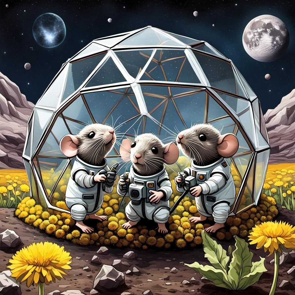 Three chibi mouse in spacesuits tending to the dandelions in a geodesic ...