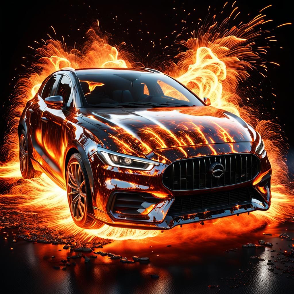 A dramatic car of molten metal and bright intense sparks fly...