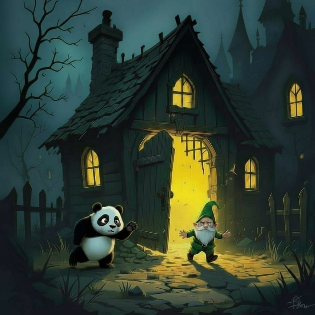 Small hut in dark gothic castle grounds. The hut door has been broken open
 A dull yellow.ligght can be seen through barred windows and the ...