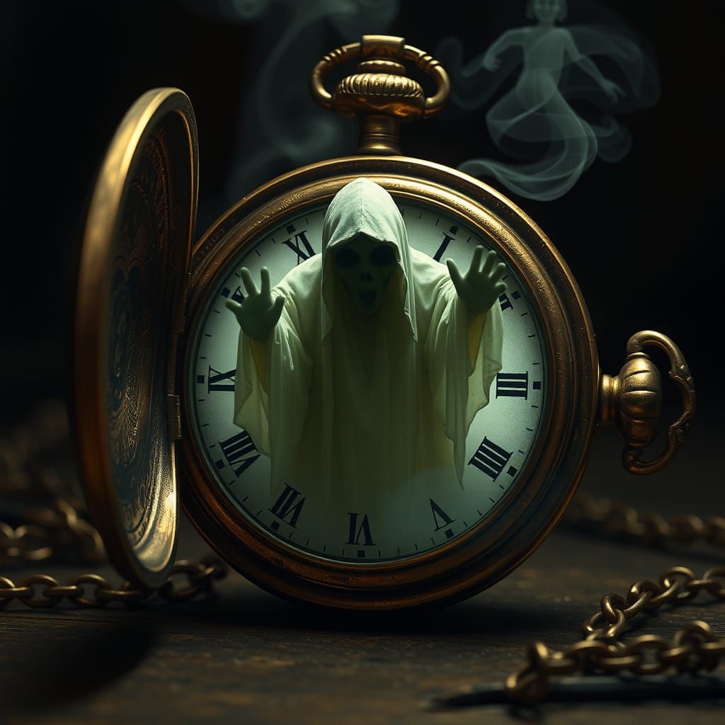 A ghostly figure emerges from an old brass pocket watch  by @Bly Renard 