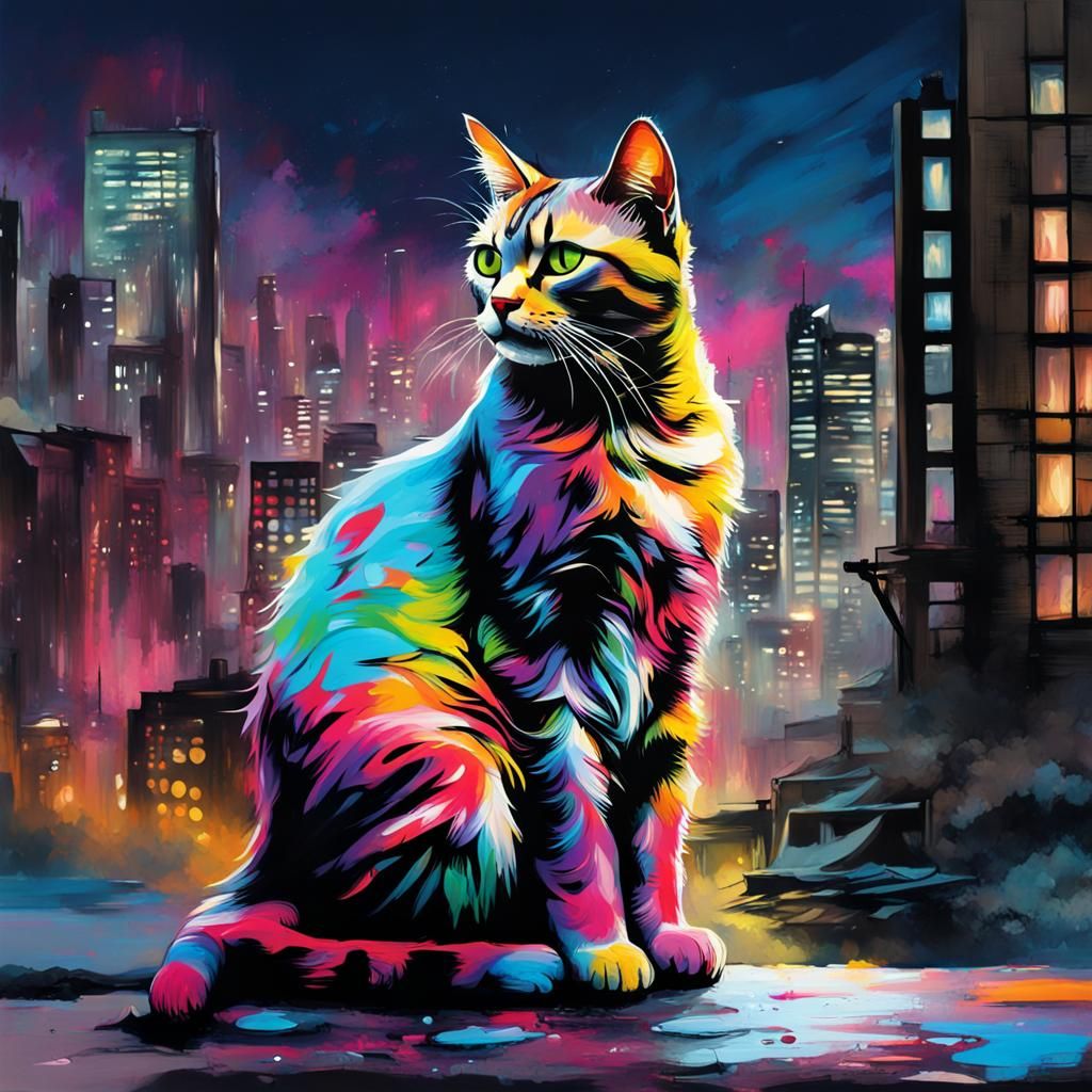 cat with cityscape in the background at night.