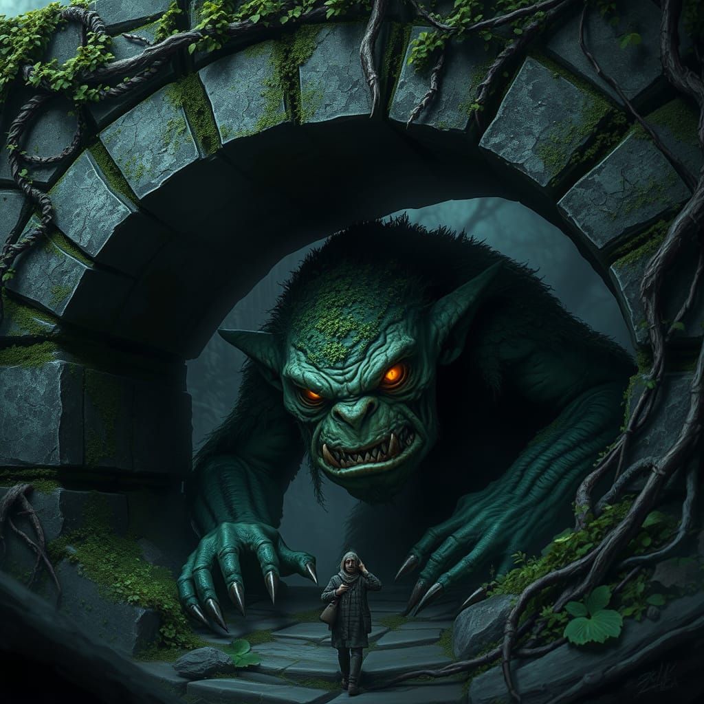 A moss-covered troll hides under a stone bridge, waiting for prey.  by @Shebali
