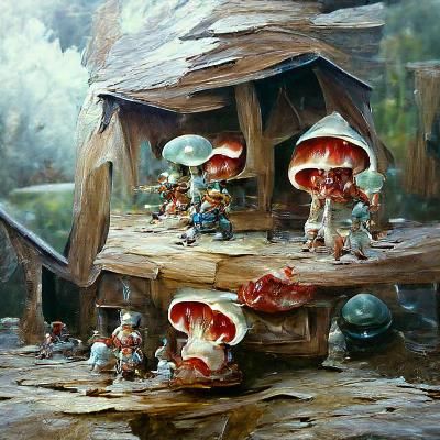 mushroom house's with little goblins fighting little elfs
