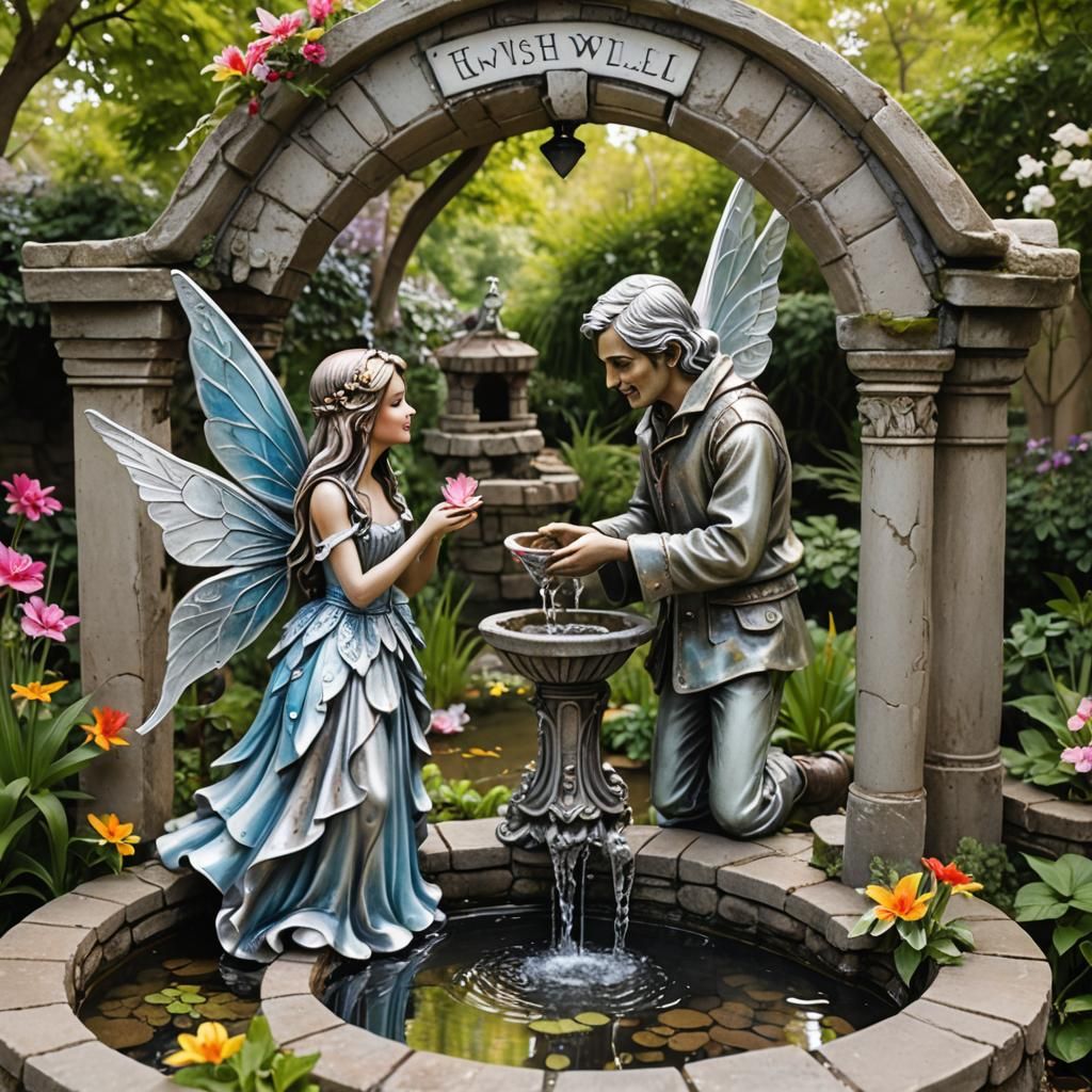 A loving young couple standing at a wishing well both with a...