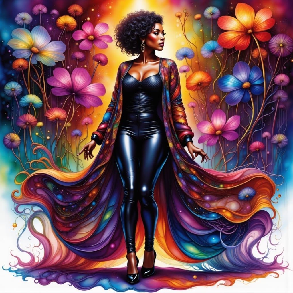 <lora:PR AlcoholWCGlass:1.0> <lora:Beauty Mimosa:1.0> full‑body stylized cartoon of a confident plus‑size Black woman walking in profile, sh...