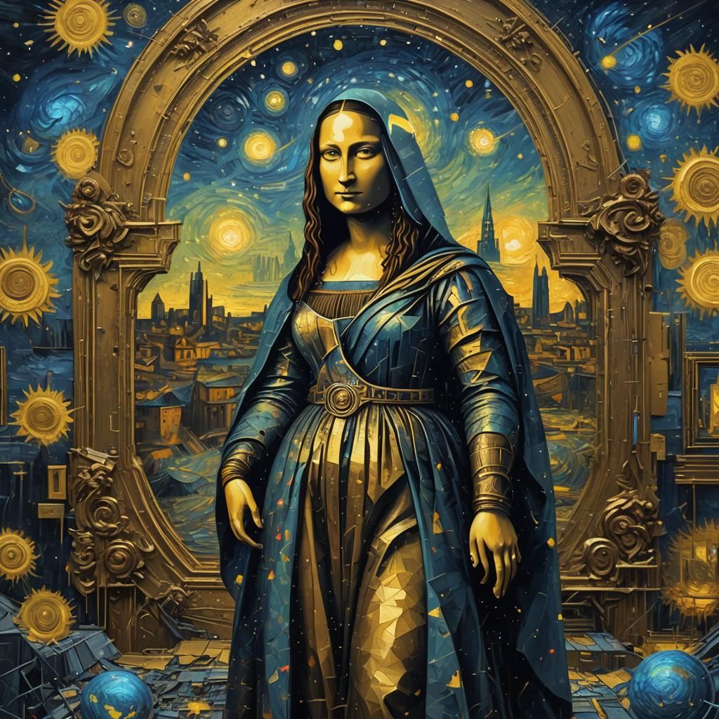 A unique painting of the Mona Lisa standing in futuristic cl...