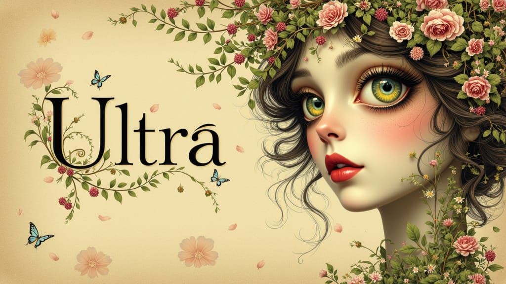 “Ultra” in delicate art nouveau  typeface, split screen with whimsical nouveau portrait with BIG eyes on right side <lora:Ultra Nouveau:0.5>...