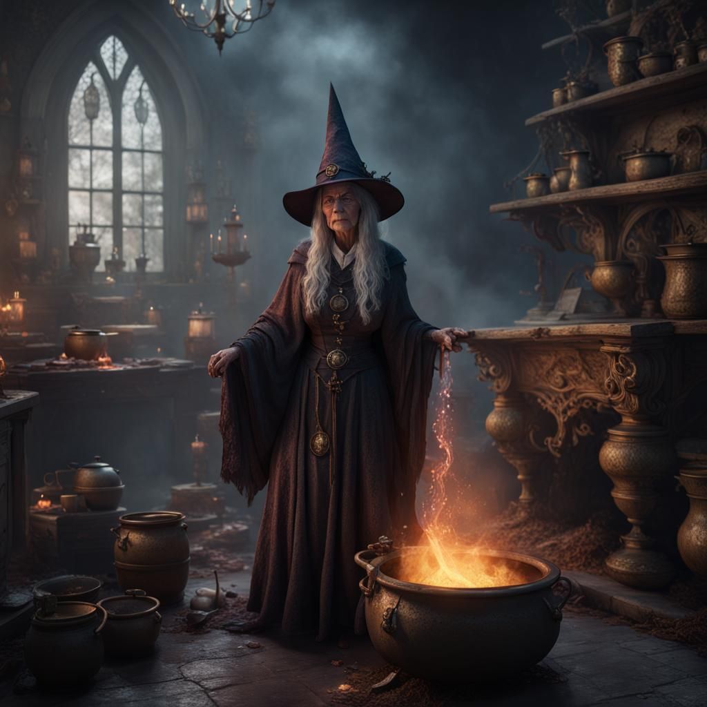 An old, evil wizen witch in tattered robes, standing in front of a bubbling cauldron, being watched carefully ...  by @razorbladez2112