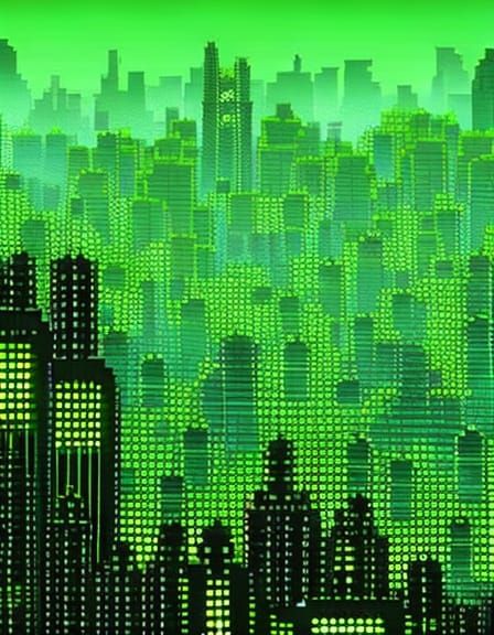 Green giant digital pixel virus monster attacking cyberspace city ...