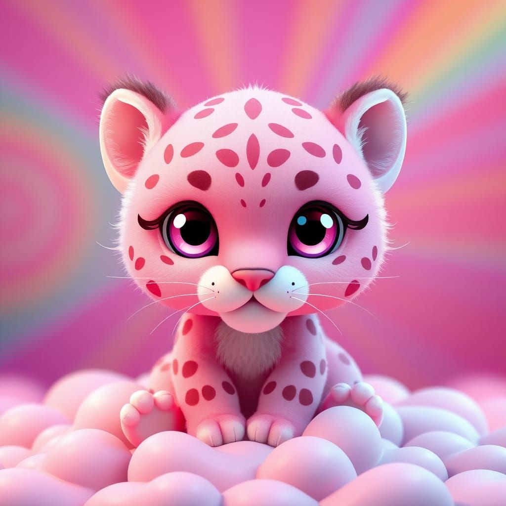 Chibi Pink Panther Cub in Whimsical Cloud Landscape