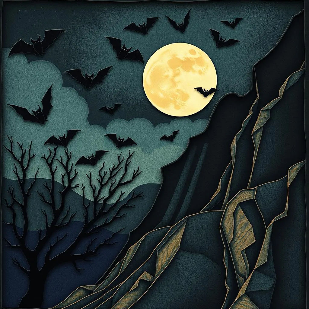 Spooky bats in the sky at night.