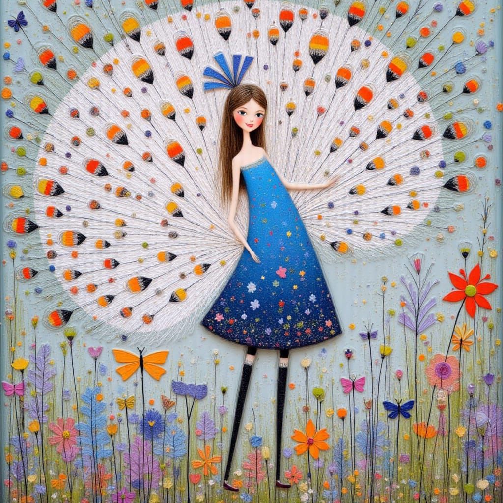 Wall art. Whimsical white and blue peacock in full display, Kay Nielson, Anna Silivonchik, Android Jones <lora:Earth and simplicity:1.0>
