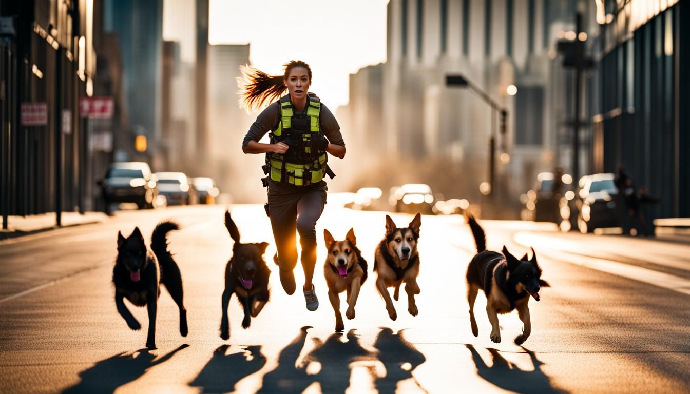 lady running in a city with dogs