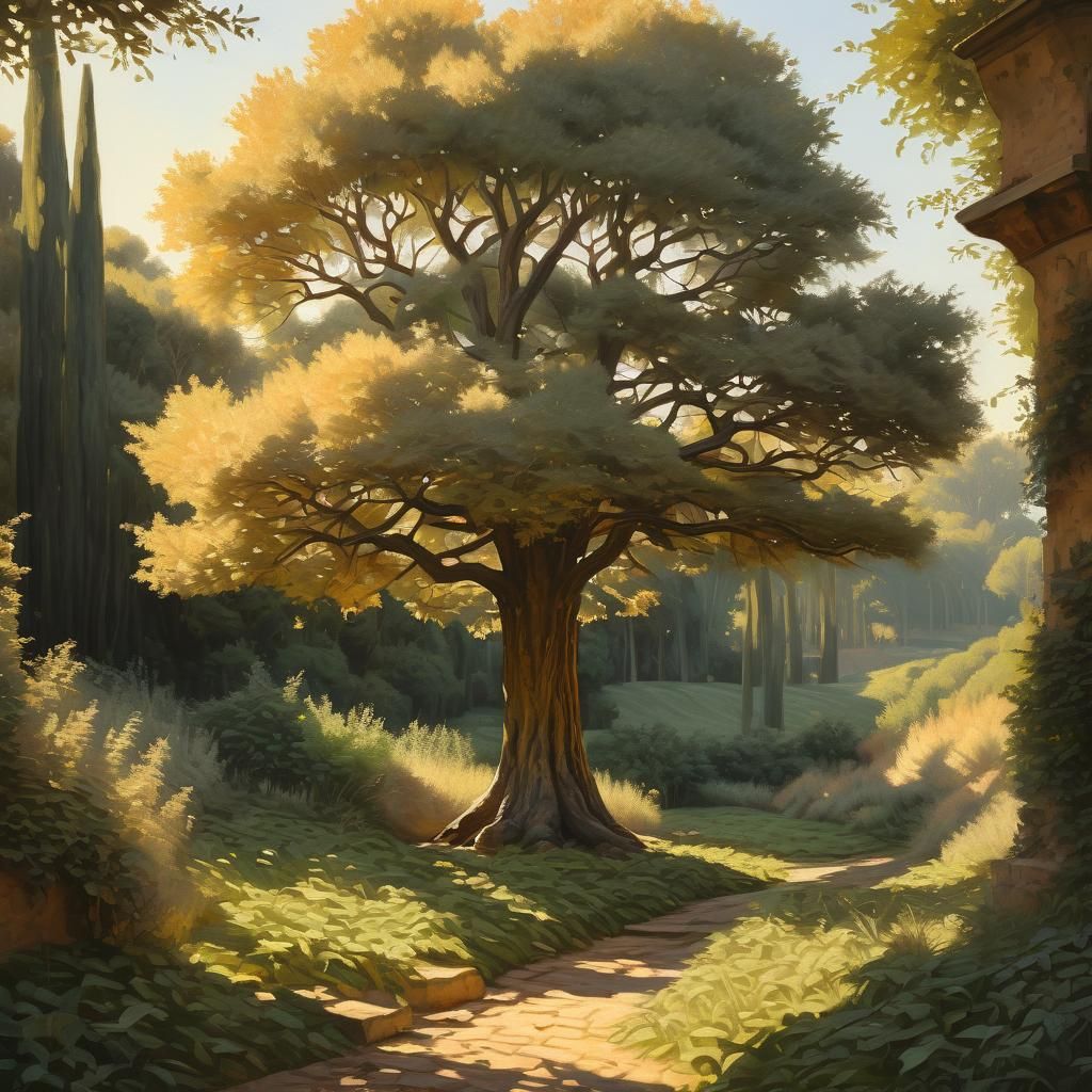 Tree, vegetation, sun. Giorgio Morandi. volumetric lighting detailed matte painting color corrected beautiful back lit