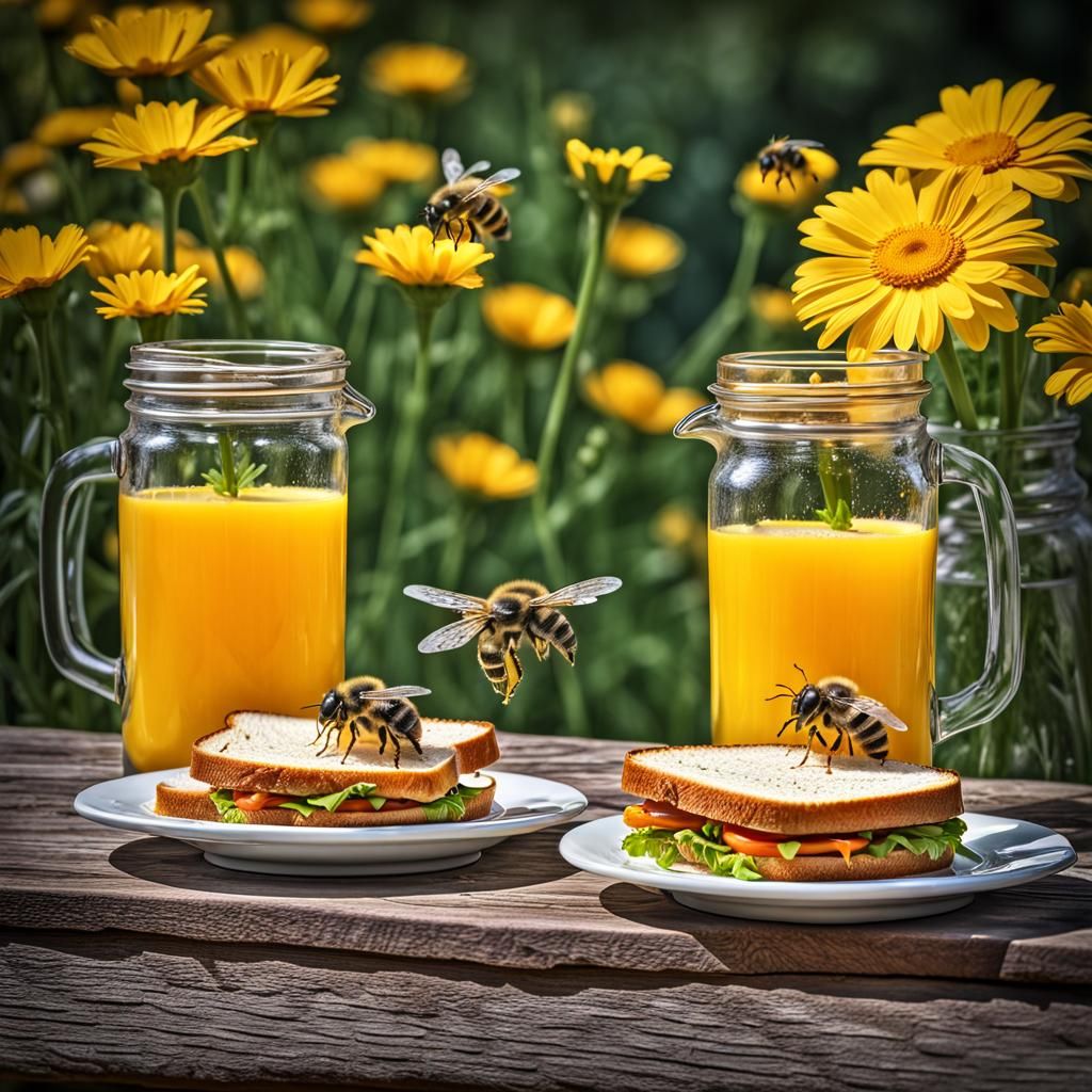 Two very cute little bees and they are sitting at a picnic t...