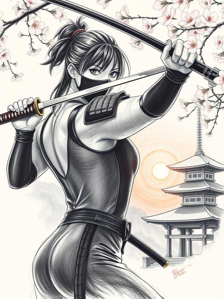 Japanese Warrior Woman Preparing Katana Swing at Sunset