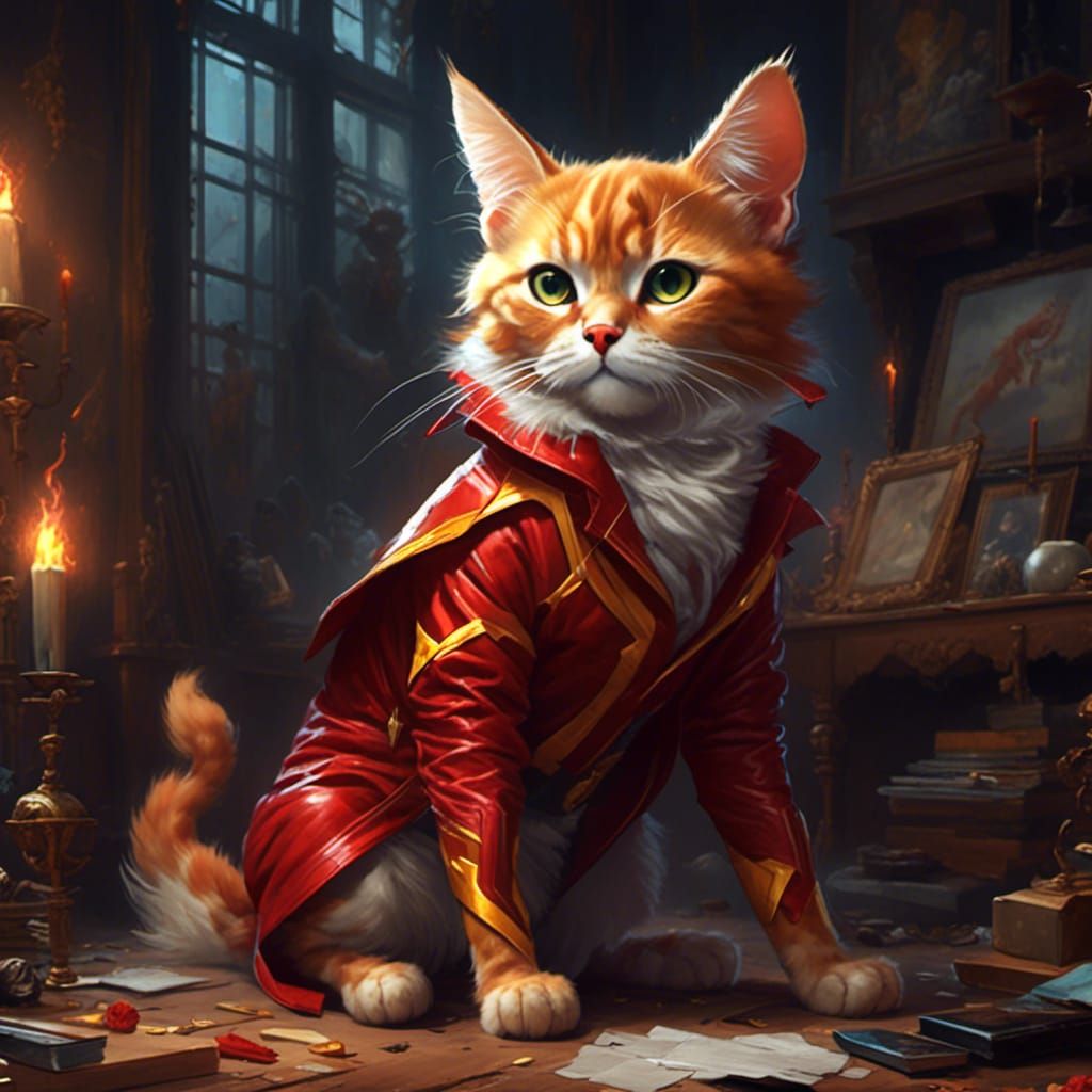 <lora:firey:1.0> a cat dressed as flash, concept art, painte...