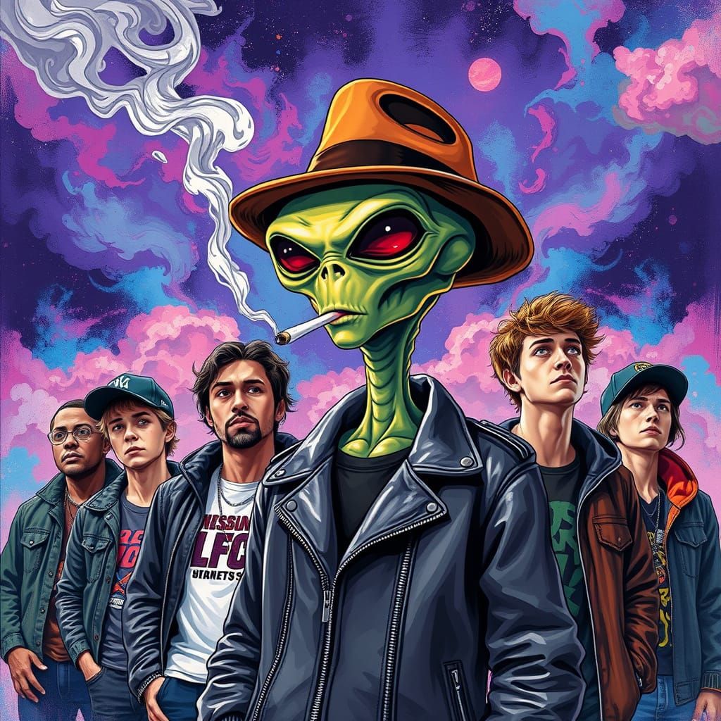 Futuristic Alien Icon in Urban Galaxy Scene