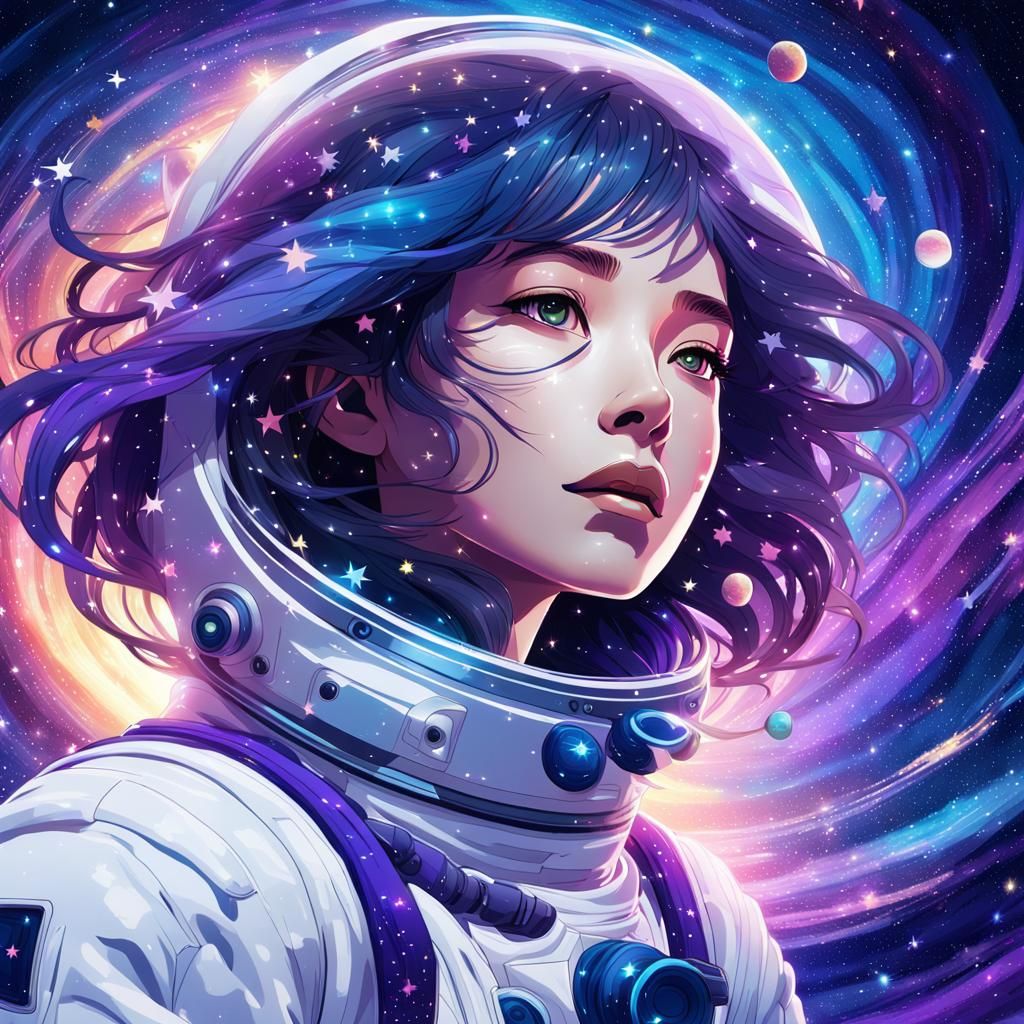 Anime Woman in Space with Swirling Stars