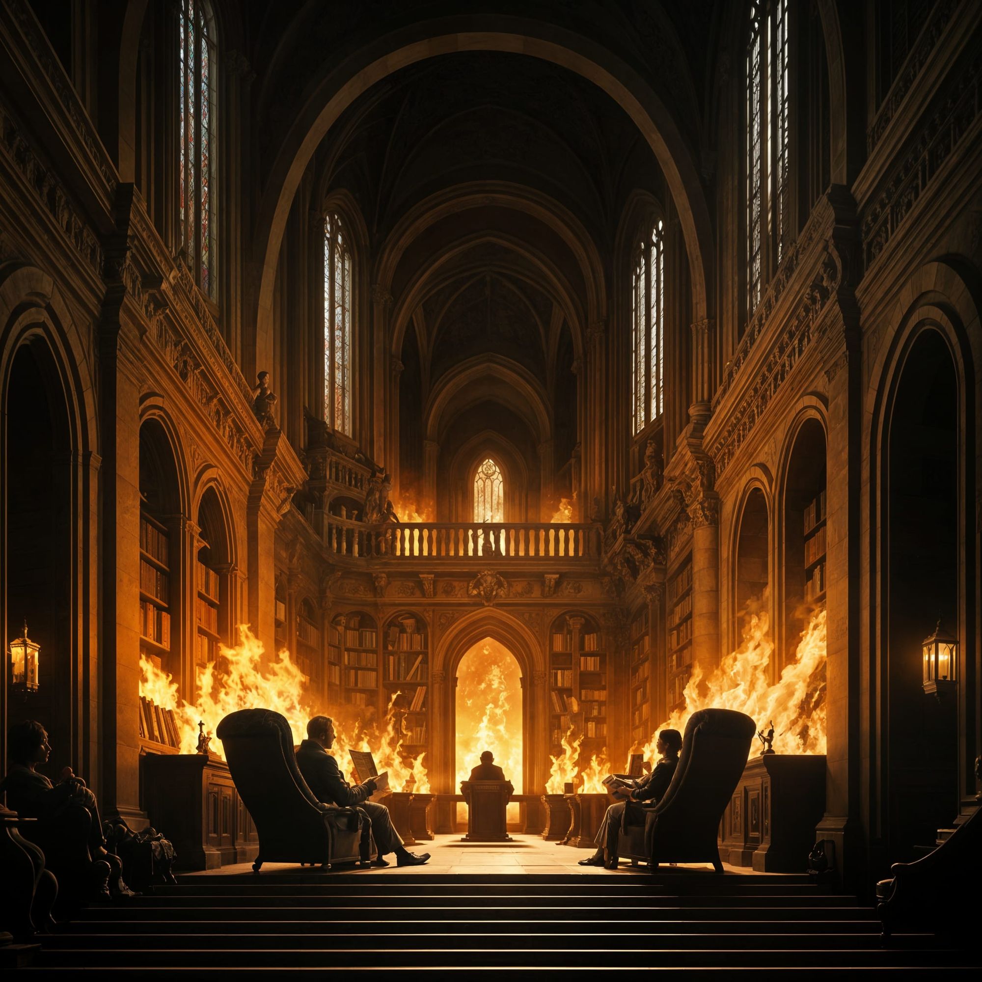 An ornate library with walls of stone masonry and a row of windows in the wall. Interior of the building is on fire. Walls are in flames. Ph...