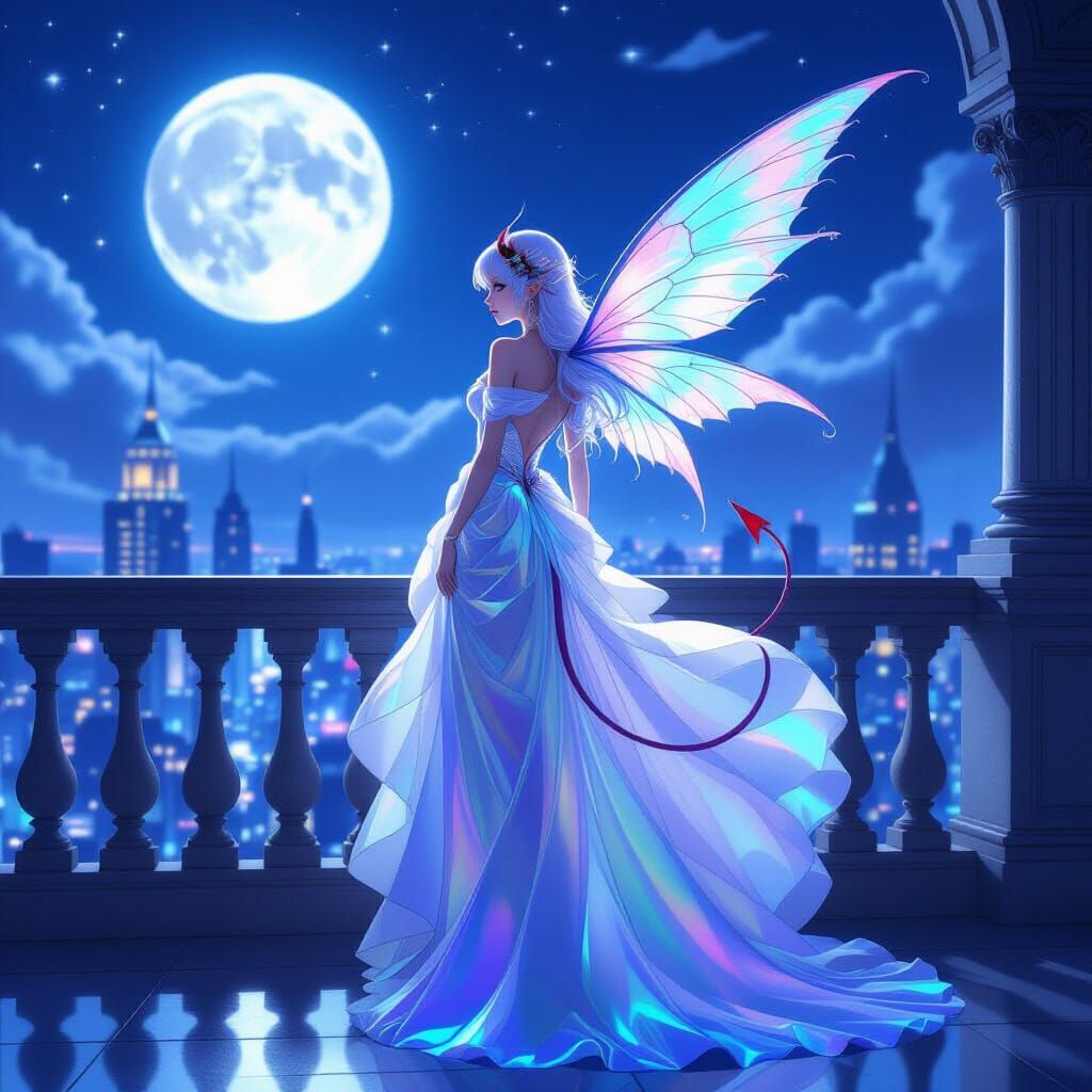 Ethereal Anime Character on Moonlit Balcony
