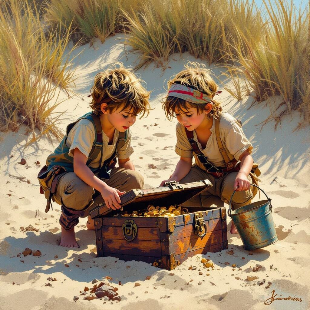 Two curious siblings stumble upon a weathered pirate treasure chest nestled in the sand.  by @Suz