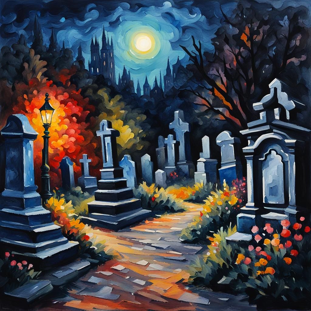 Watercolor Cemetery at Night in Expressionist Style