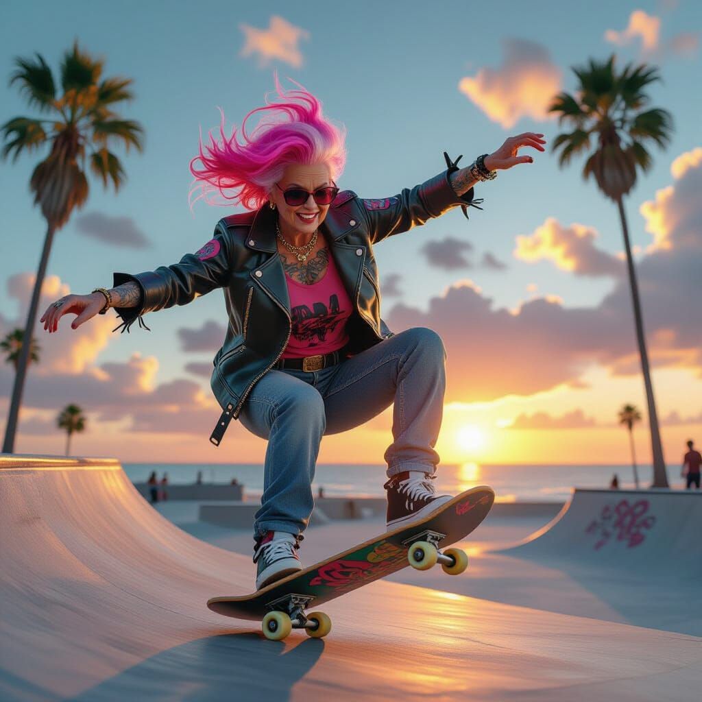 For today's challenge, picture an elderly woman with bright pink hair, tattoos, and a leather jacket, ...  by @Tony danis art