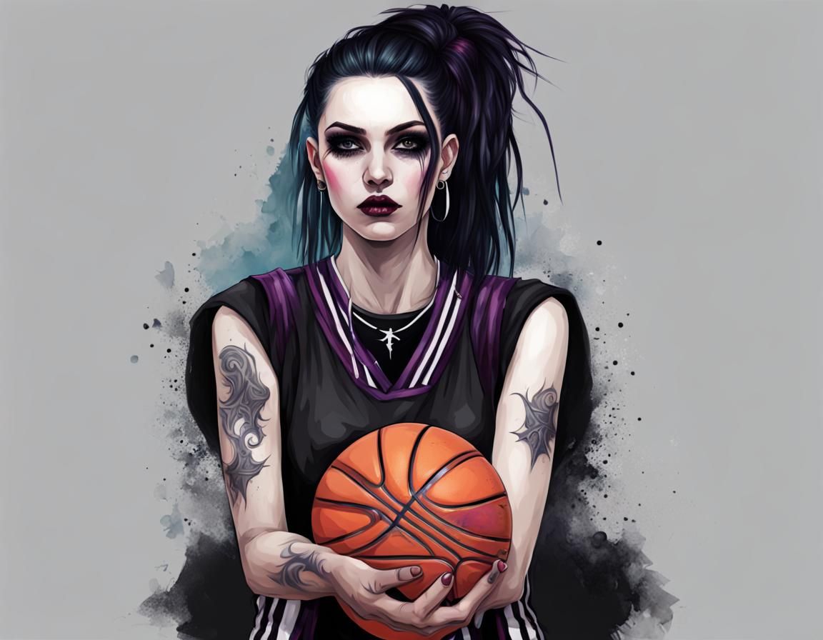 a female goth basketball player,realistic,colorful.