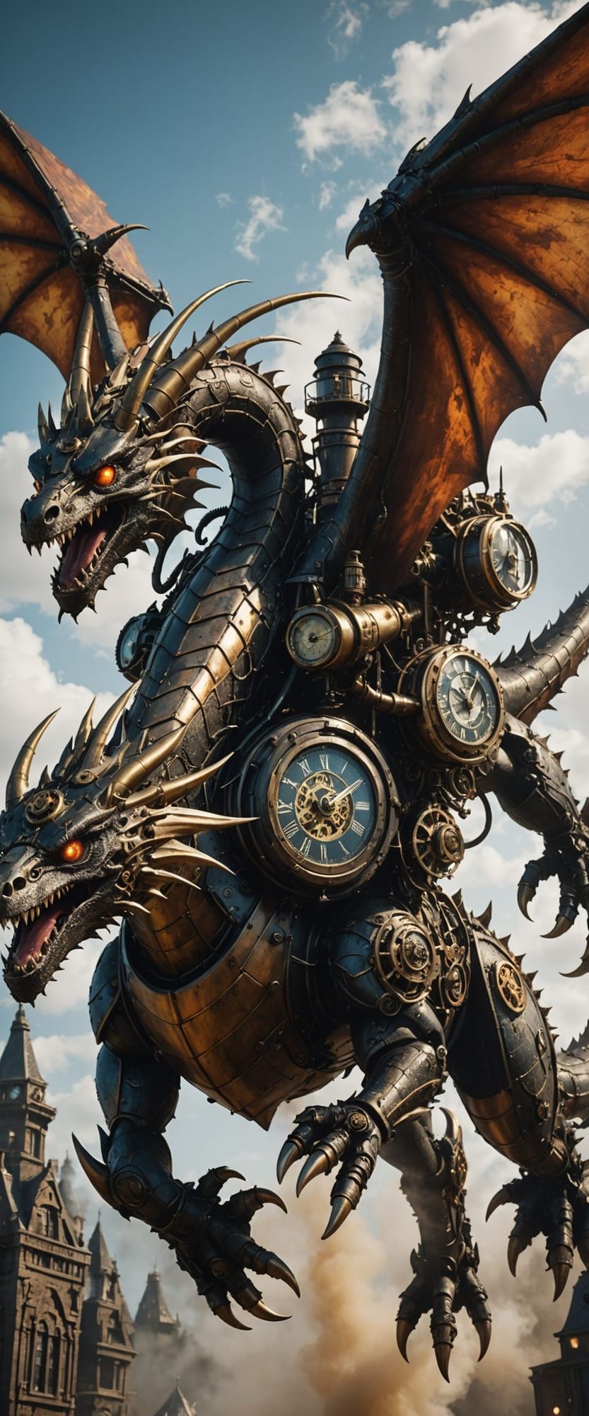 Add a massive, floating, clockwork, (((Steampunk)))  dragon overhead, spewing mist, hyperrealistic, hyper-detailed, octane rendering, photor...