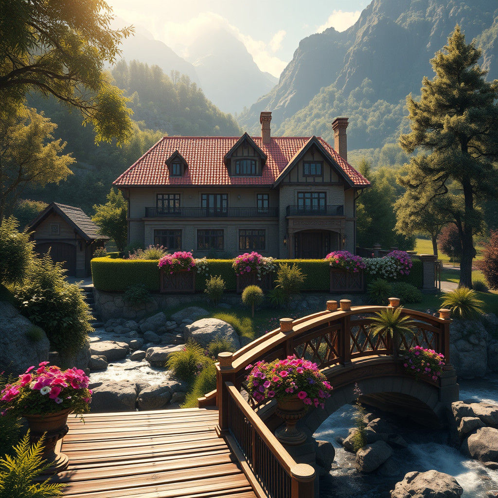 בית גדול מואר על צלע ההר ליד הנחל ביום שמש עם ציפורי זמיר בגשר ליד הבית המטופח עם עציצים 
עם פרחים ססגוניים בקפידה מואר ...