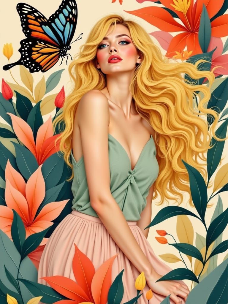 <lora:PaperCutBeauties:0.5>Full body shot of a beautiful woman with blonde hair, Matisse's decoupage works, clean-edged shapes, Beautiful, F...