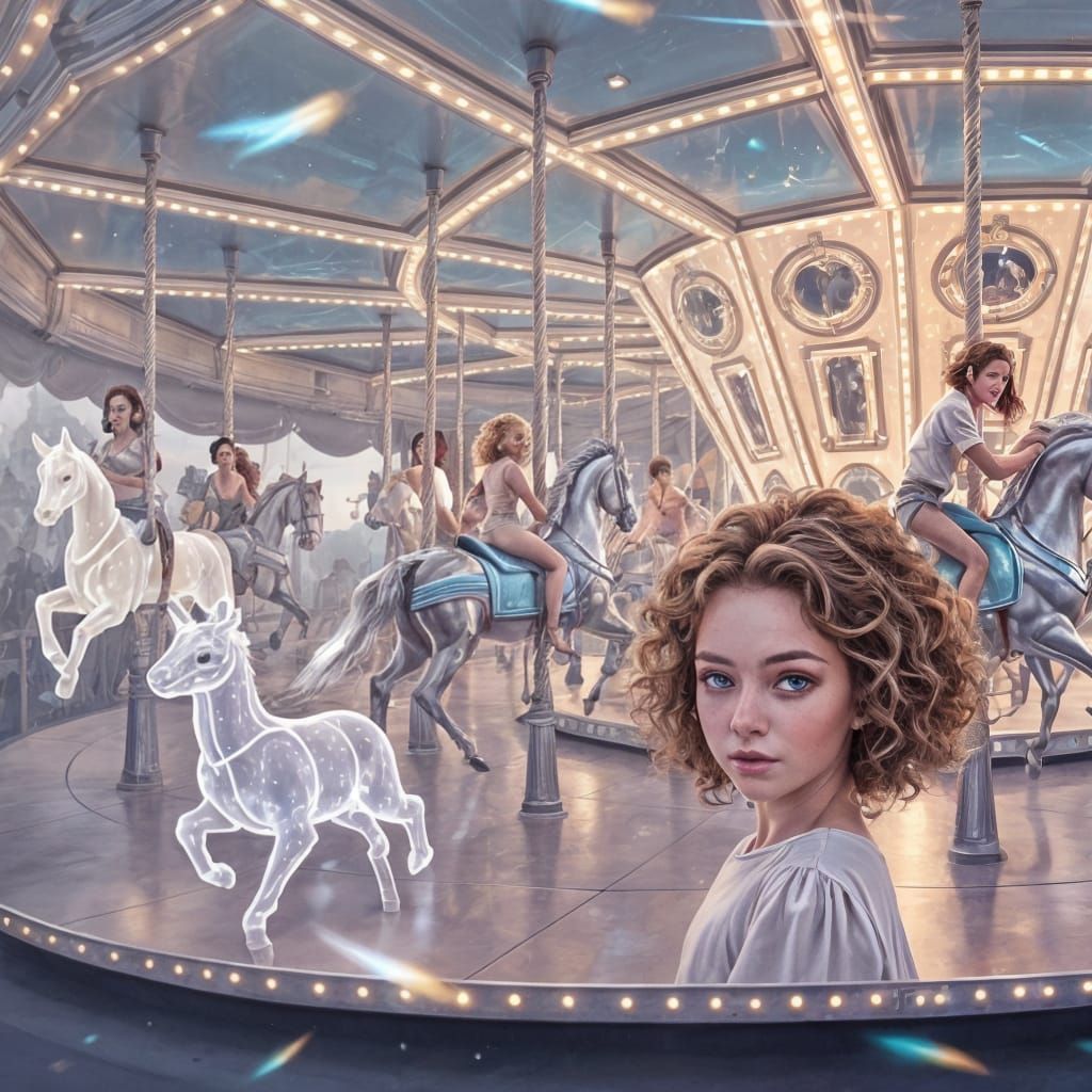 A stunning scene of a futuristic carousel in motion, featuring elegantly designed chrome horses and translucent glowing animals. At the fore...