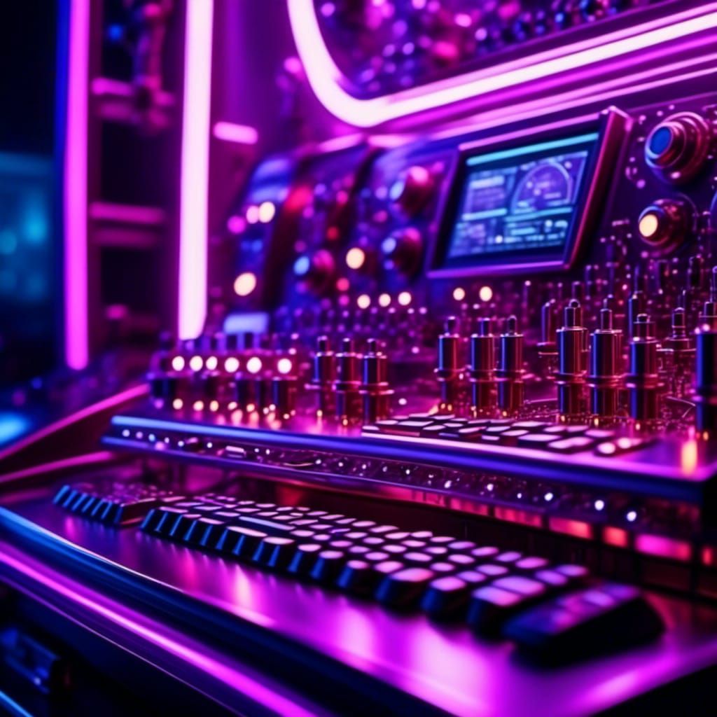 extreme close-up, <lora:Cybernetics:1.0> a cyber computer station, soft purple