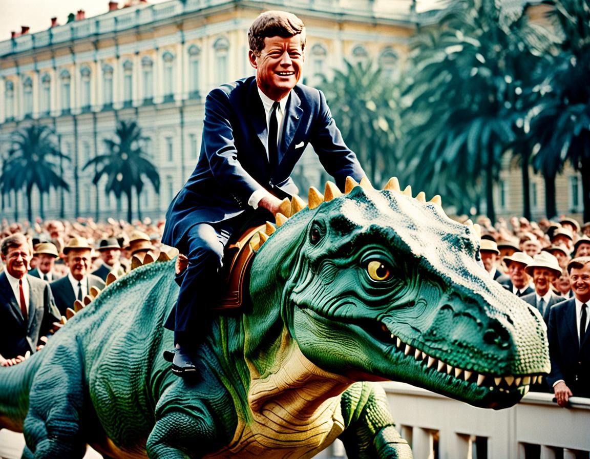 John F Kennedy riding a dinosaur in St Petersburg, Russia
