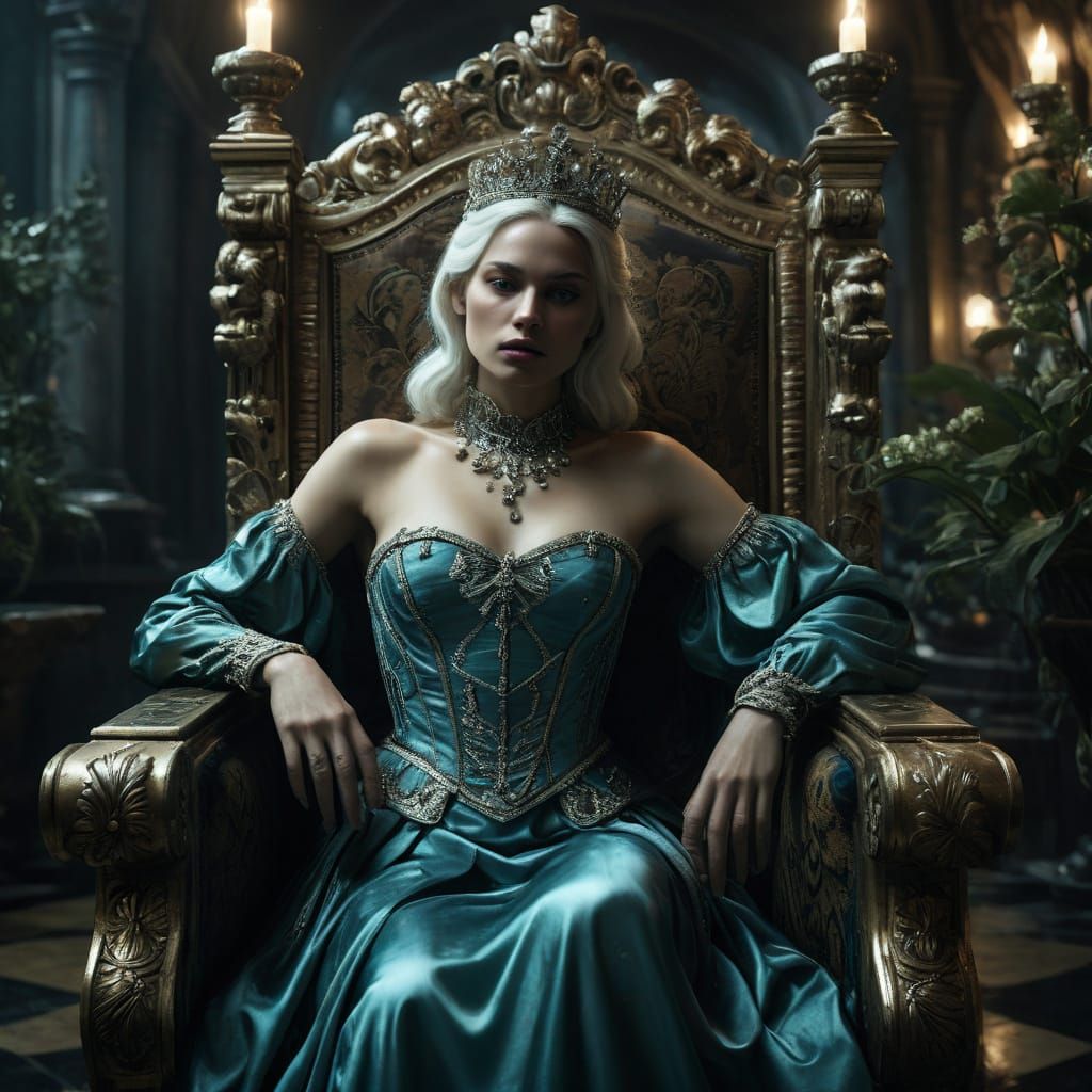 Melancholy Queen on Chrome Throne in Silent Cityscape