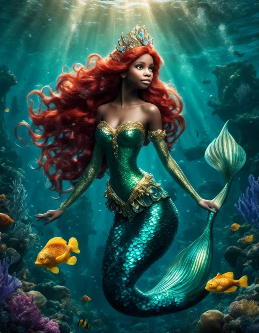 lora:Underwater:1.0> <lora:mermaid:1.0> A very beautiful black princess  Ariel the Little Mermaid is in a enchanting magical underwater worl... - AI  Generated Artwork - NightCafe Creator