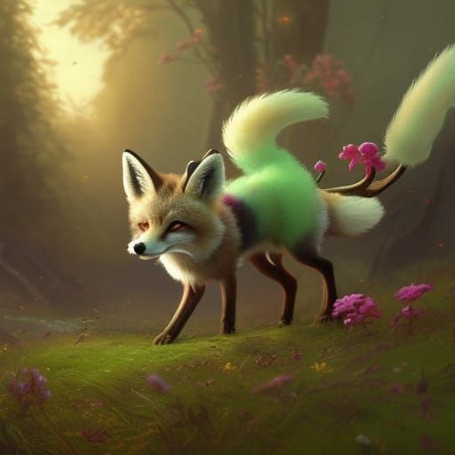 cute small earth fox with deer antlers and flowers on its bo...