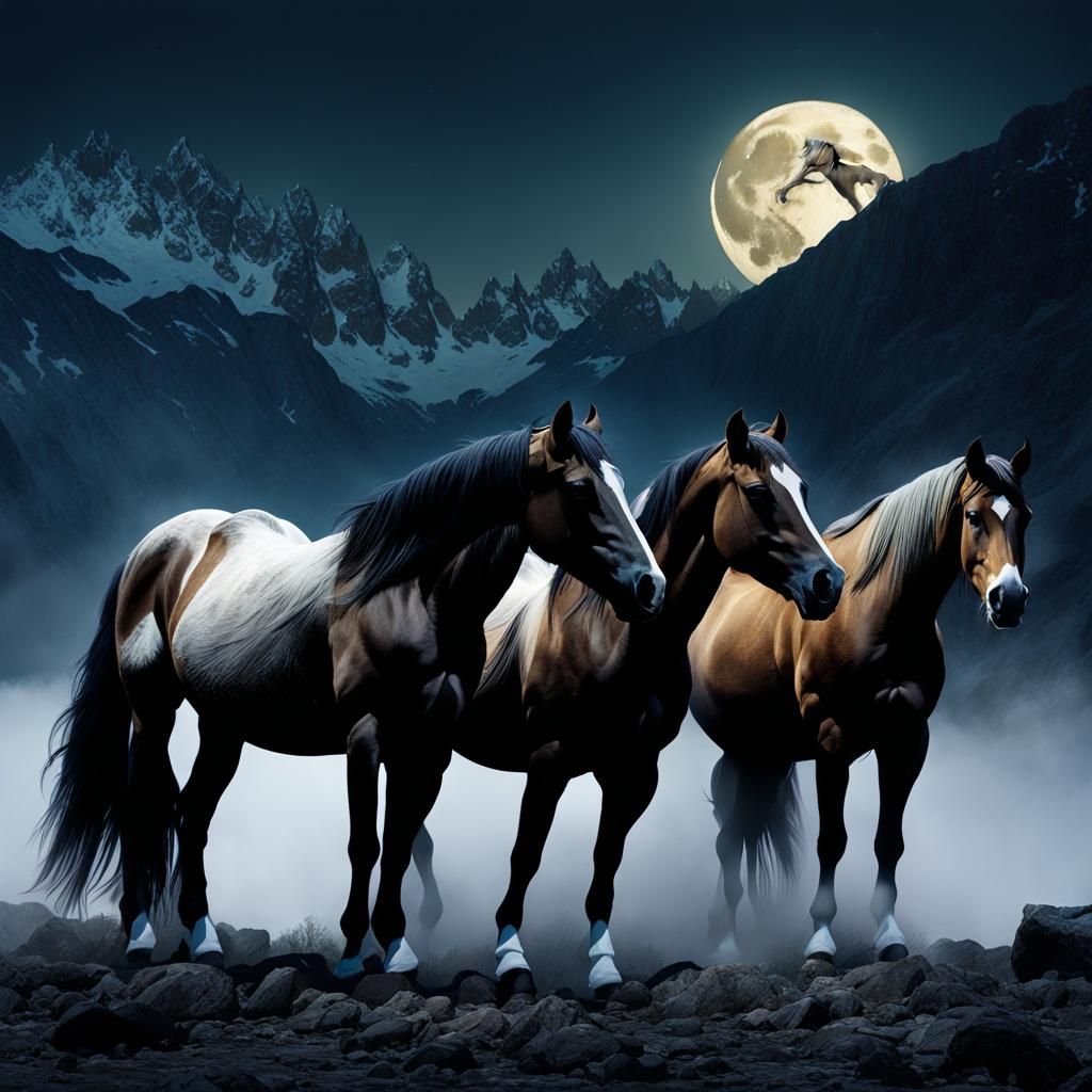 beautiful herd of horses grazing in the moon light, backgrou...