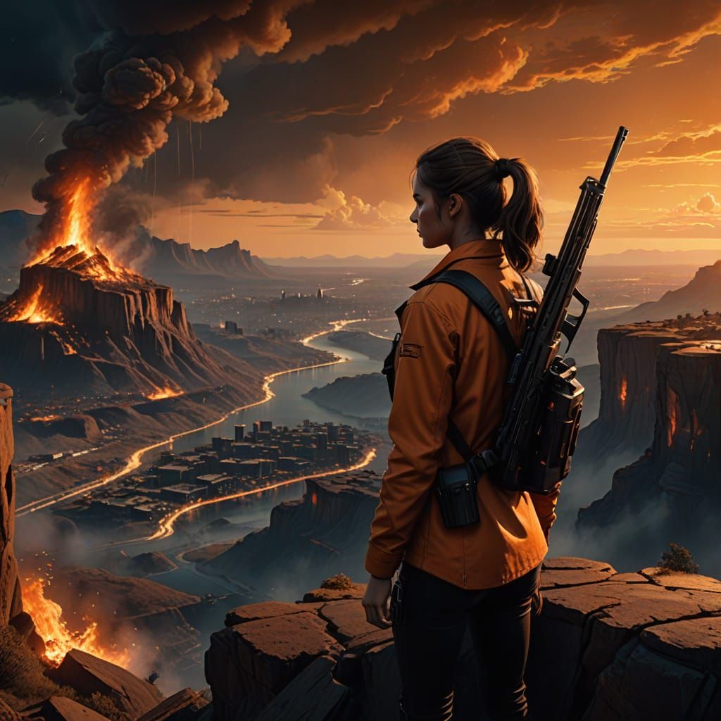 Epic Woman Stands at Cliff's Edge, Gazing Out at Burning Cit...