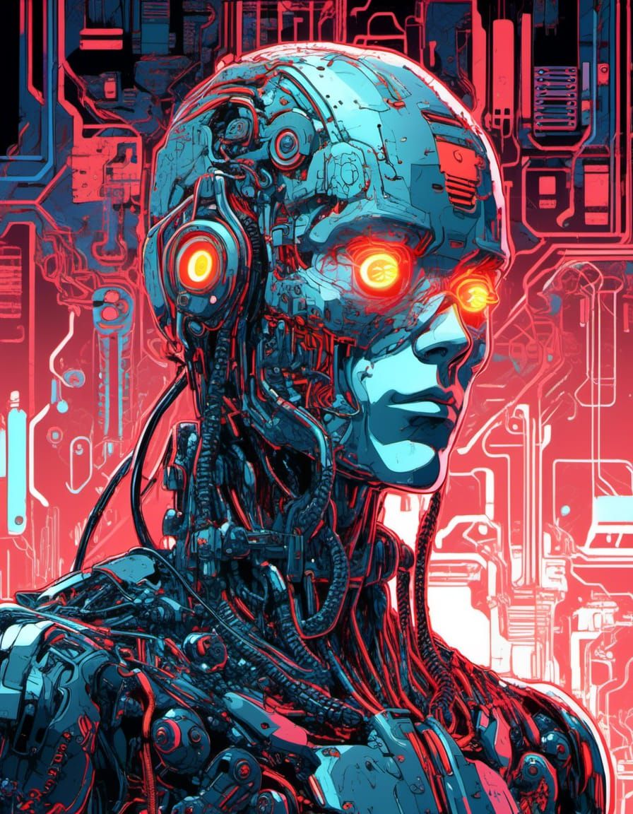 Cyberdelic portrait of a stunning male cyborg. In manga style, inspired by Akira. Retro anime composition. Highly detailed, uhd  Ominous ind...