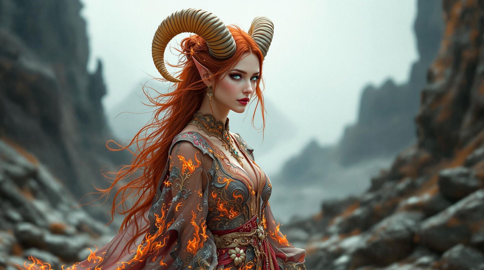 **Aries:** An ethereal woman with fiery red hair and ram hor...