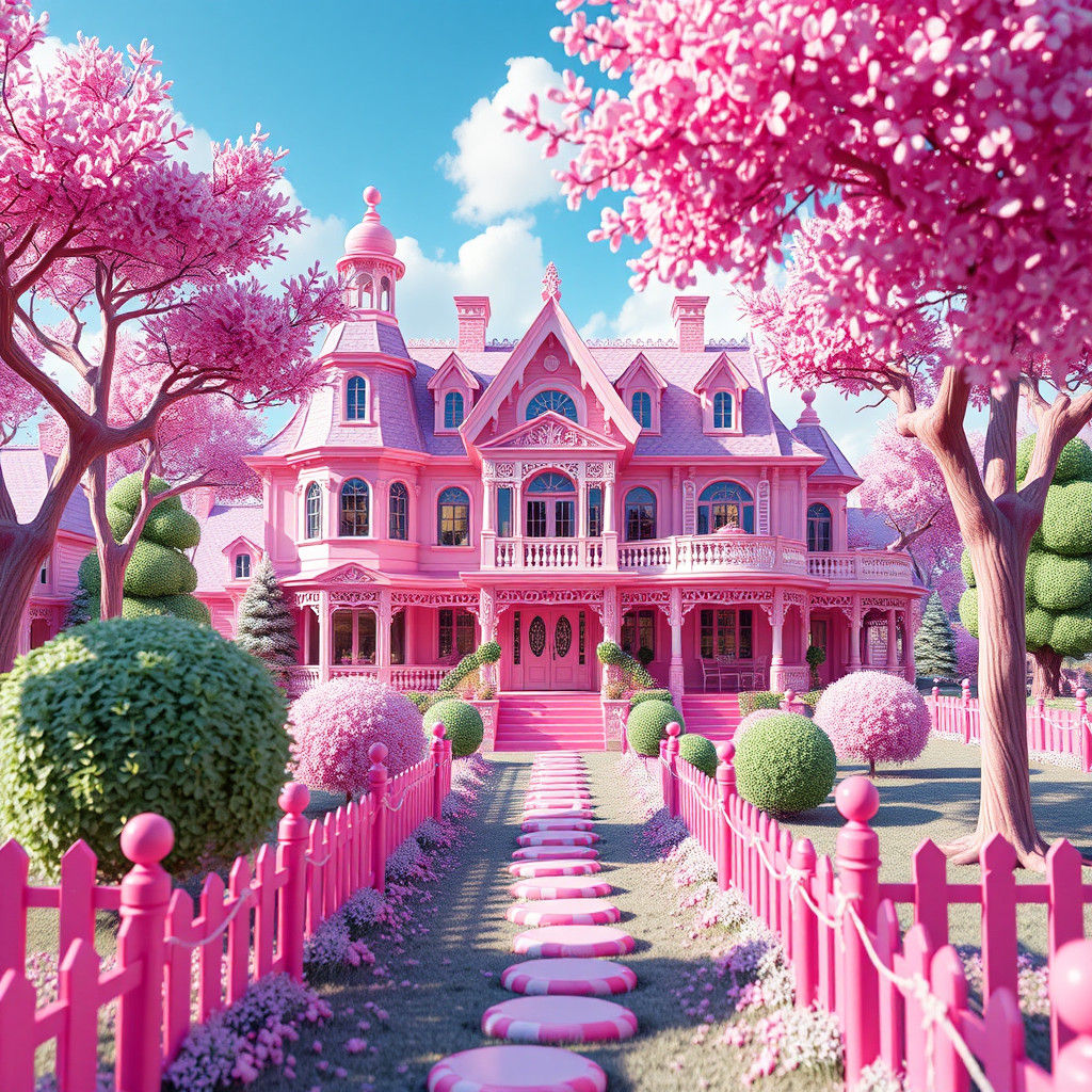 Pink Dollhouse Mansion in Candyland, Digital Illustration