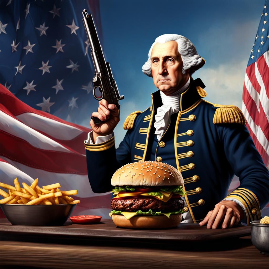 George Washington holding a gun while eating a burger with u...