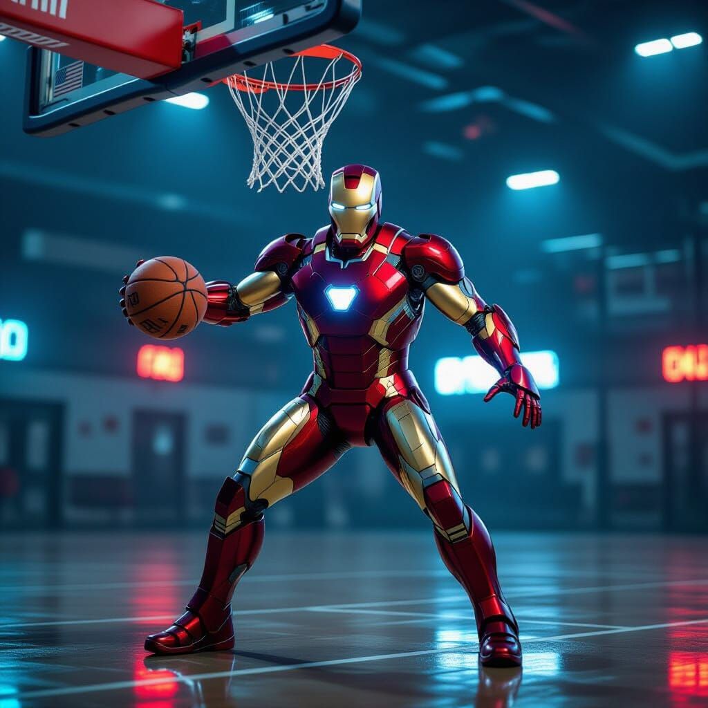 Iron Man Dunking Basketball on Neon Urban Court
